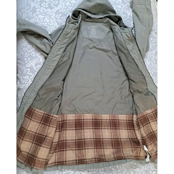 LL Bean Coat L 2-in-1 Hooded Army Green Fleece Removable Liner Drawstring Waist - Picture 6 of 12